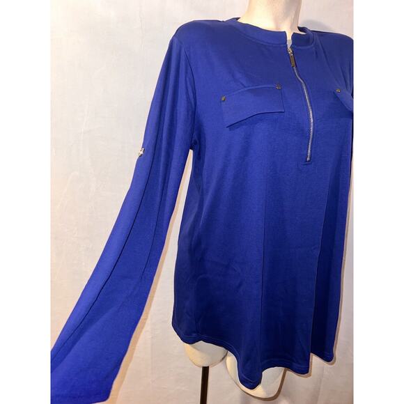 New YA YA BAY Top Women's Size 3XL Royal Blue Zip Neck Roll Tab LS Shirt Tunic - Picture 5 of 8